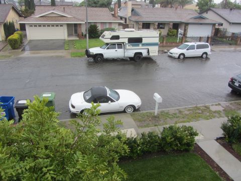 1968 Ford Mustang - A flooded street in a residential area shows multiple vehicles submerged in water.