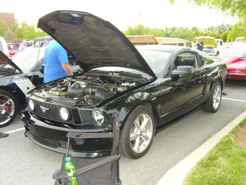 2007 Ford Mustang - Black 2007 Ford Mustang at a car show, hood raised to display the engine bay.