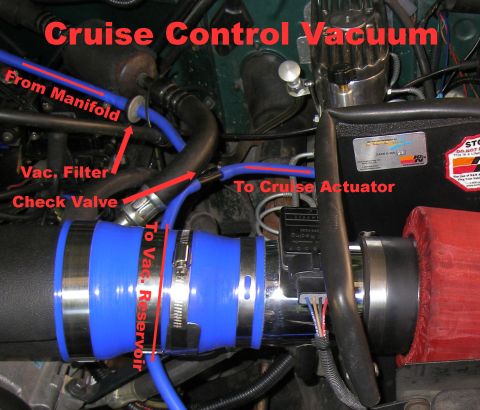 1990 Ford Bronco - Close-up of engine components showing the cruise control vacuum system with labeled hoses and filters.