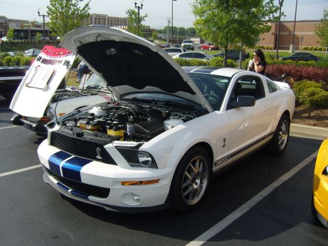 2007 Ford Mustang - A white 2007 Ford Mustang GT500 is displayed with its hood open, revealing the engine bay.