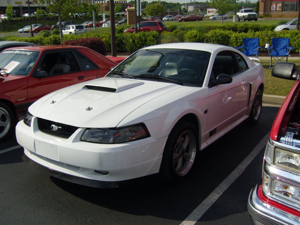 White Ford Mustang parked next to a red car and a red truck