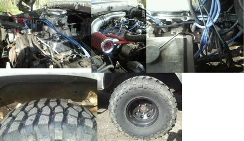 1978 Ford Bronco - Close-up views of a vehicle's engine compartment and a tire.