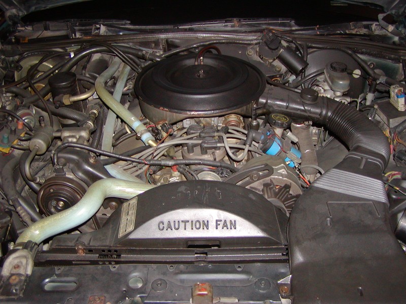 Ford V8 engine compartment with round air cleaner, green hose and CAUTION FAN shroud