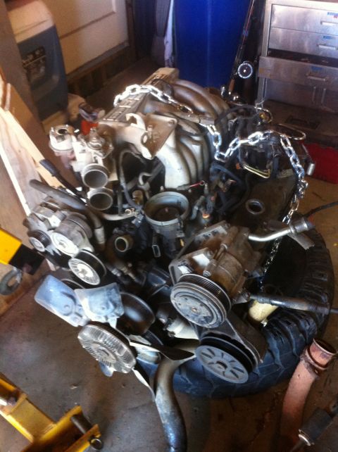 1989 Ford Bronco - Engine assembly with chains, pulleys, and hoses, resting on a tire in a garage.