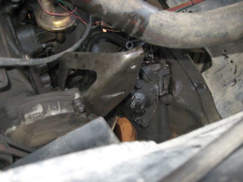 1981 Ford Bronco - This image shows a close-up view of various engine bay components and hoses, appearing greasy and worn.