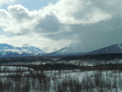 2009 Kenworth T800 - A vast winter landscape snow-covered mountains and a dense forest under a dramatic sky.