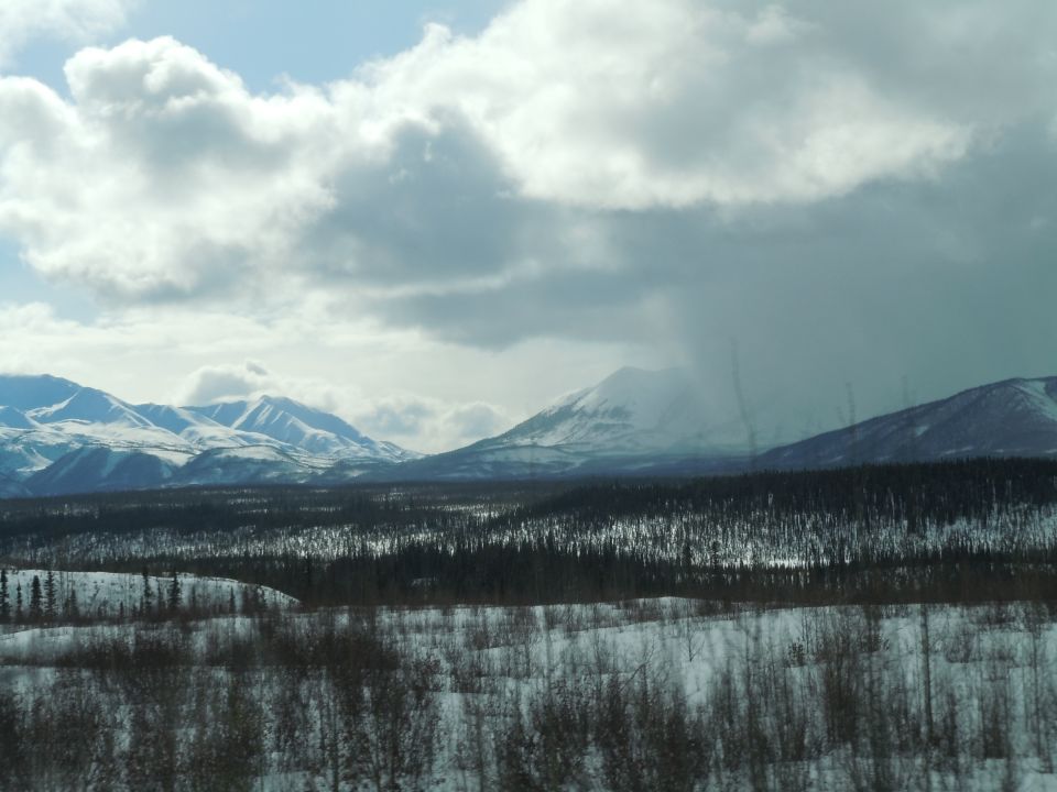 Snowy mountains and forest under a cloudy sky