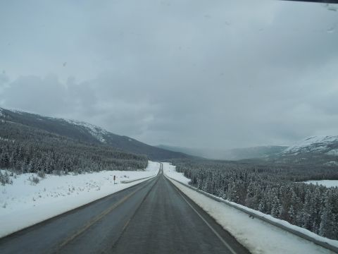 2009 Kenworth T800 - A desolate highway winds through a snow-laden forest and mountainous terrain on an overcast day.