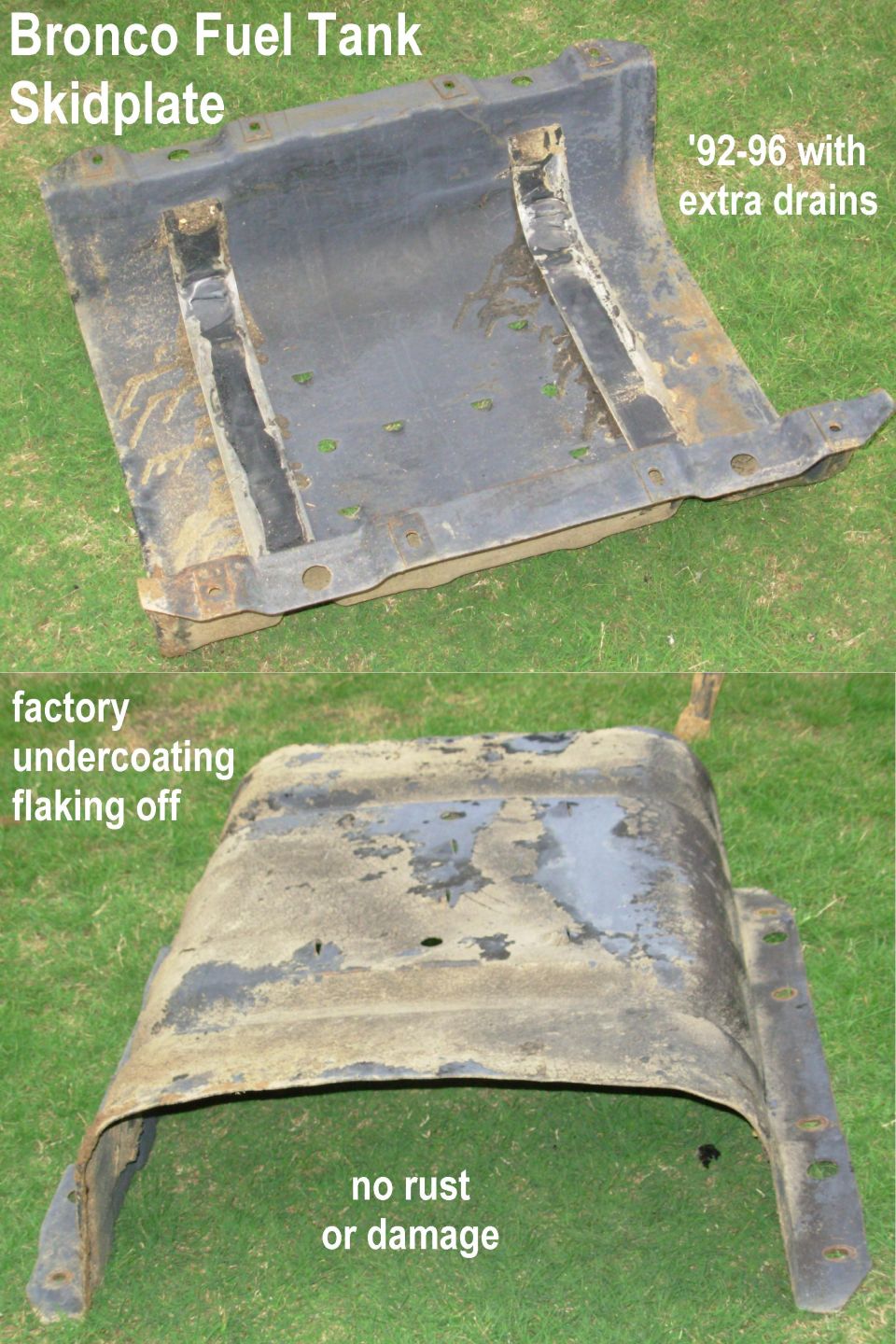 Ford Bronco fuel tank skidplate, 92-96 with extra drains, undercoating flaking off