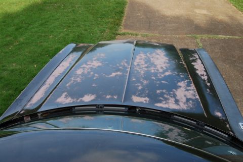 1975 Ford Ranchero - The hood of a dark-colored car shows significant paint damage and wear.