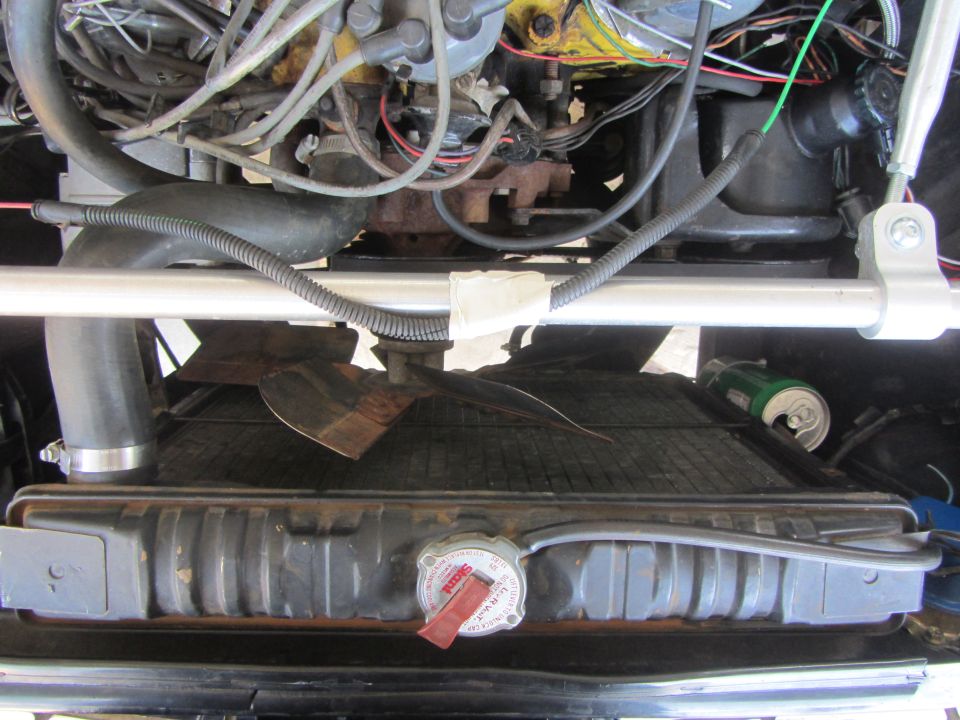 1964 Ford Ranchero engine bay, radiator, fan, and hoses