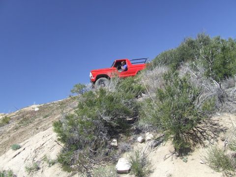 1978 Ford Bronco - A red 1978 Ford Bronco navigates an off-road trail on a sunny day.