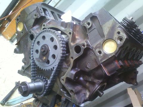 1989 Ford Bronco - Close-up of an engine block assembly, focusing on the timing chain and gears. A brass plug is visible on the side of the block.
