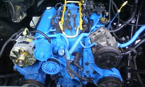 1989 Ford Bronco - Close-up view of a vehicle's engine bay, a freshly painted blue engine block and various accessories.