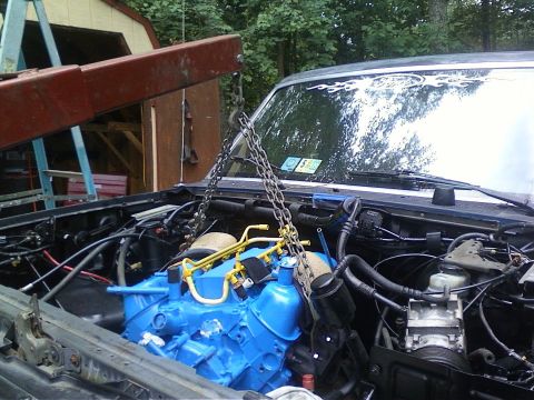 1989 Ford Bronco - Engine installation in progress for a 1989 Ford Bronco.