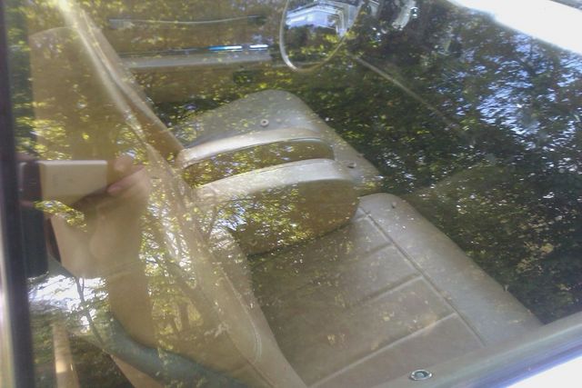 Interior of a car with seats covered in leaves and debris. Steering wheel and dashboard visible