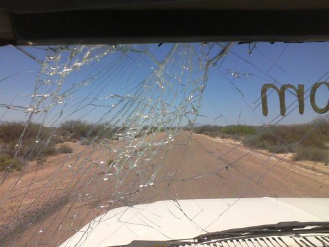 1981 Ford F-150 - Driving on a dirt road with a severely cracked windshield, desert scenery visible.
