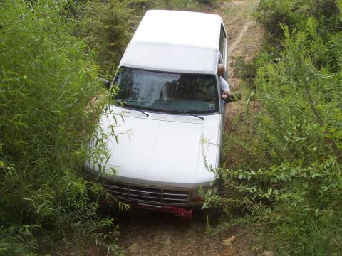 1995 Ford Bronco - A white van navigates a narrow, overgrown dirt trail.
