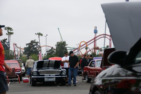 1993 Ford Taurus - A black classic car with racing stripes is displayed at an outdoor event, with a roller coaster in the background.