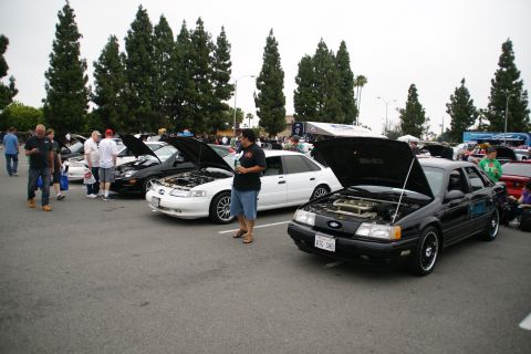 1993 Ford Taurus - A black 1993 Ford Taurus is displayed with its hood open at a car show, alongside other vehicles.