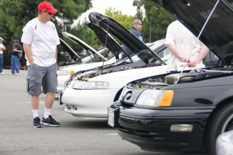 1993 Ford Taurus - Several cars are lined up with their hoods open, displaying their engines to onlookers.