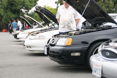 1993 Ford Taurus - A line of cars with hoods open, including a black 1993 Ford Taurus in the foreground.