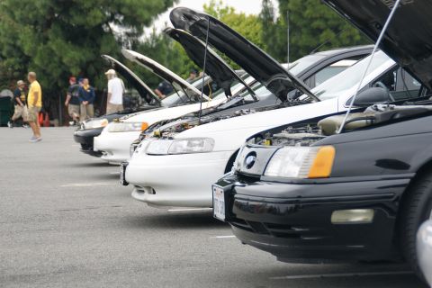 1993 Ford Taurus - Several cars, including a 1993 Ford Taurus, are parked with their hoods raised.
