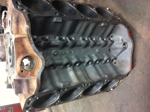 1990 Ford Bronco - Ford 351W engine block showing casting marks and cylinder bores.