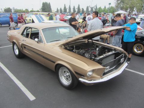 1964 Ford Ranchero - A gold 1967 Ford Mustang coupe is displayed with its hood open, revealing the engine compartment.