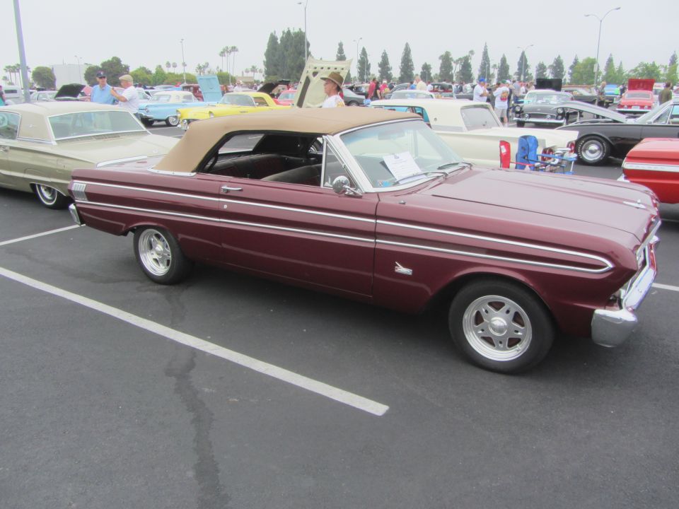 Maroon 1964 Ford Falcon convertible with tan top, 3q front view