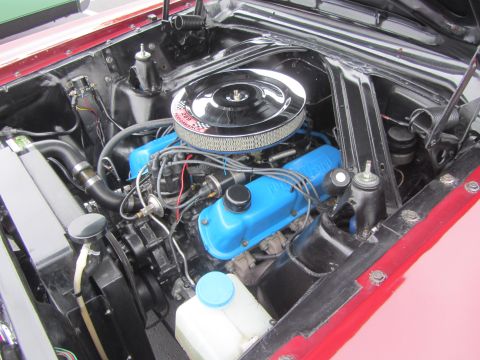 1964 Ford Ranchero - Close-up of a classic Ford Falcon engine, a V8 engine with blue valve covers and a chrome air filter housing.