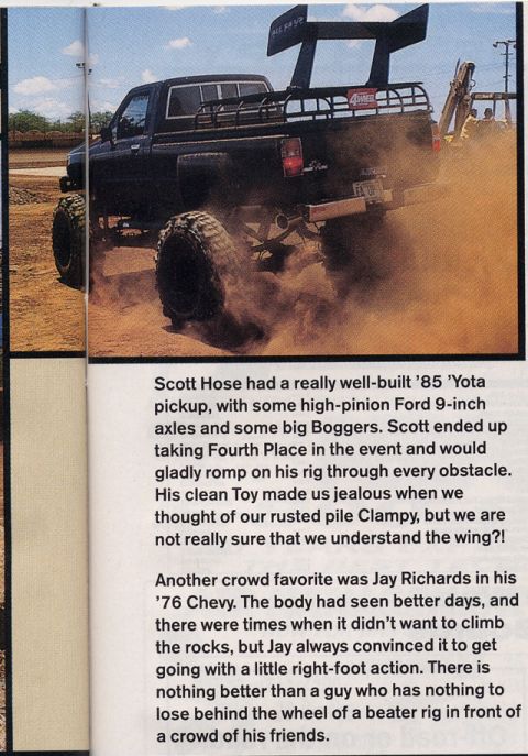 1981 Ford Bronco - This modified Toyota pickup, identified as a 1985 model, is seen in action on a dirt track with a prominent rear spoiler.