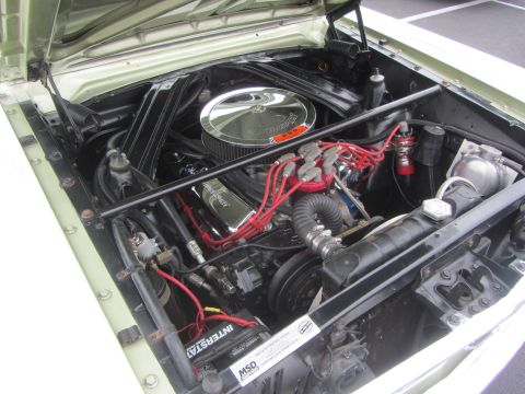 1964 Ford Ranchero - The V8 engine of a 1964 Ford Ranchero is visible with its chrome air cleaner and red spark plug wires.