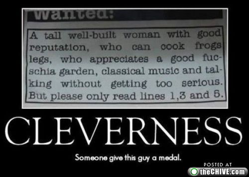 Meme of a newspaper personal ad clipping captioned CLEVERNESS
