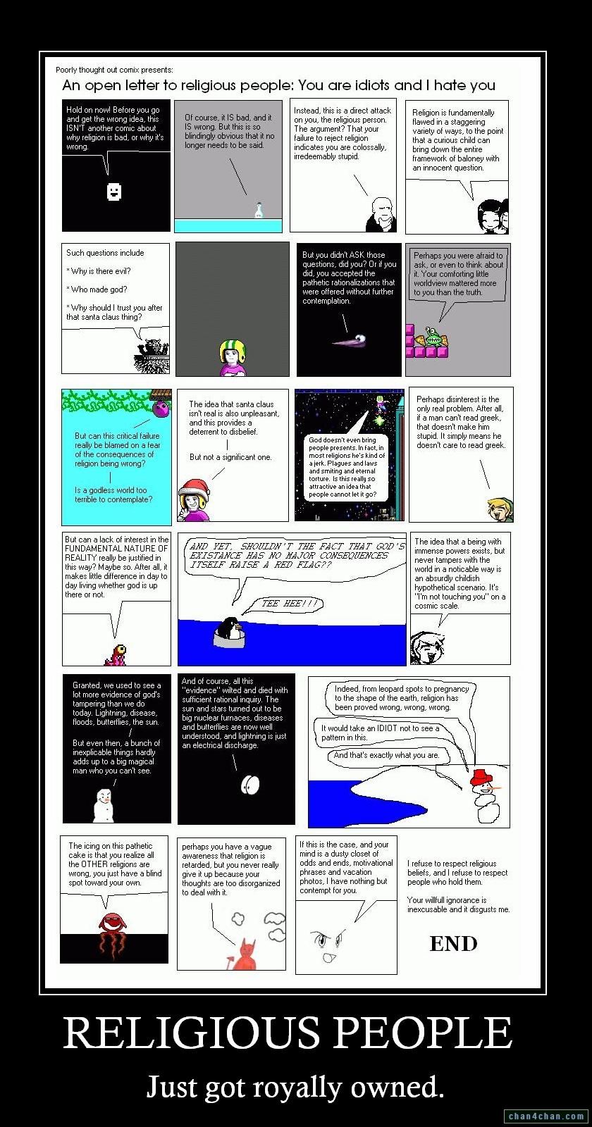 Demotivational meme featuring a dense comic-strip image captioned RELIGIOUS PEOPLE