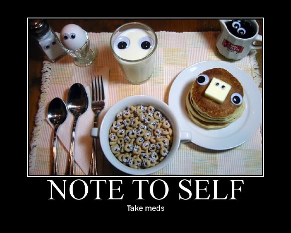 Meme of a breakfast spread with googly eyes on the food captioned NOTE TO SELF