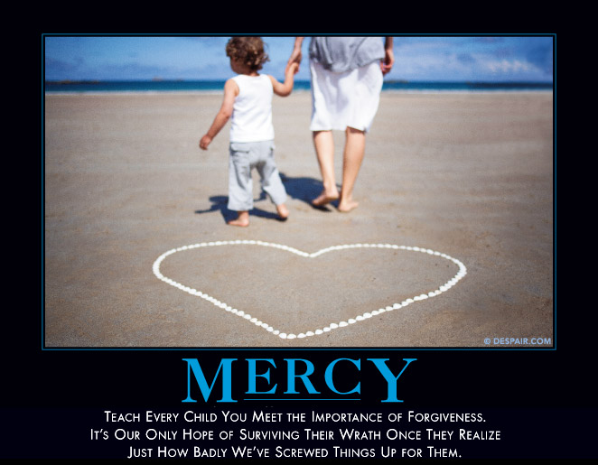Despair.com 'MERCY' poster of a child and adult walking on a beach by a heart of shells