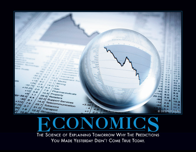 Despair.com 'ECONOMICS' poster of a glass sphere over financial pages