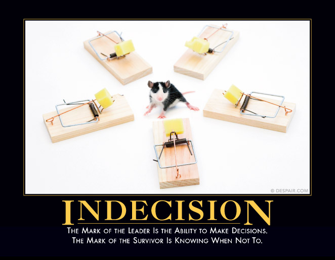Despair.com 'INDECISION' poster of a mouse surrounded by baited mousetraps