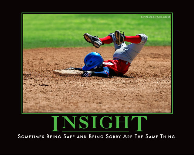 Despair.com 'INSIGHT' poster of a baseball player sliding head-first into a base
