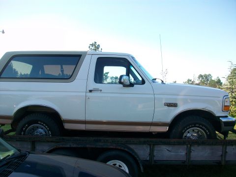 1995 Ford Bronco - A white 1995 Ford Bronco is seen from the side, a tan removable top and brown body trim.