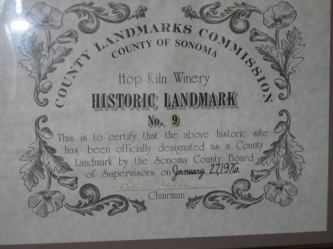 2002 Ford Taurus - Framed certificate from the Sonoma County Landmarks Commission designating Hop Kiln Winery as Historic Landmark No. 9, dated January 27, 19…