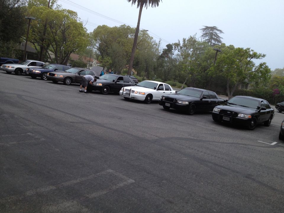 Several Ford Crown Victoria police cars parked in a line, one with hood open