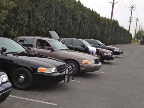 2004 Ford Crown Victoria - A line of Ford Crown Victoria police interceptors are parked, with one person attending to the interior of a vehicle.