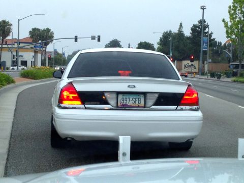 2004 Ford Crown Victoria - Rear view of a white 2004 Ford Crown Victoria driving on a road.