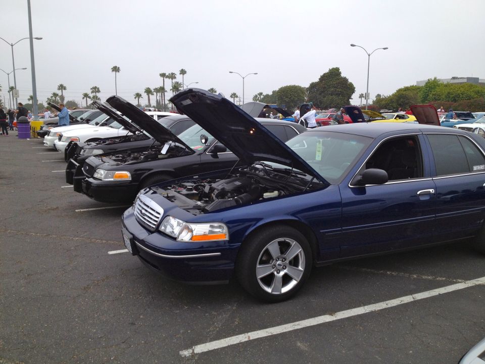 Blue 2004 Ford Crown Victoria with hood open, parked in a line with other cars