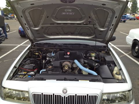 2004 Ford Crown Victoria - Engine bay of a 2004 Ford Crown Victoria, viewed from the front with the hood raised.