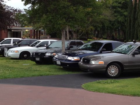 2004 Ford Crown Victoria - Several Ford Crown Victoria police cars are parked in a line on a grassy area, with a building and trees in the background.