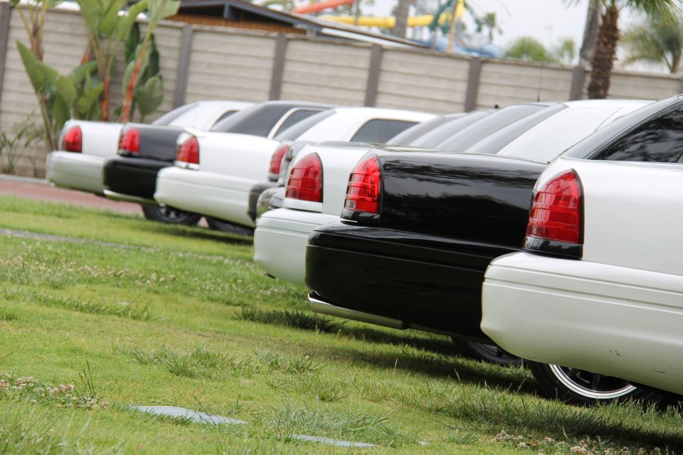 Rear view of white 2004 Ford Crown Victoria in a line with black sedans