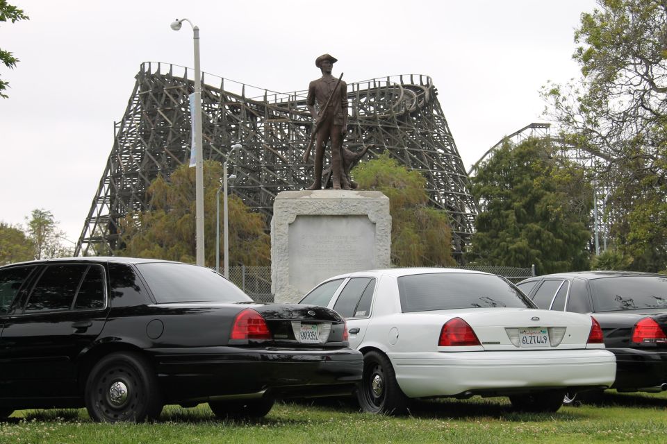 Three police sedans parked on grass with a wooden roller coaster and statue in background